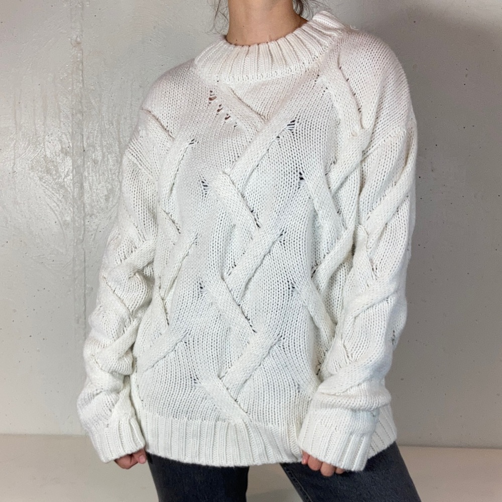 White Braided Cable Knit Mock Neck Sweater